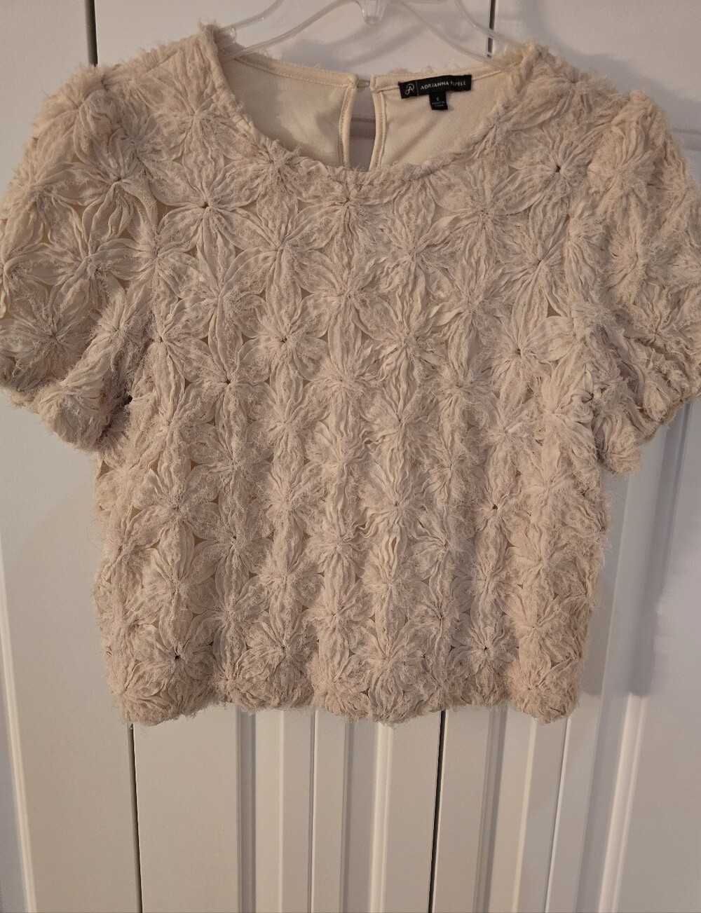 Adrianna Papell Floral Motif Crochet Texture Crew Neck Woven Shirt In Cream - Picture 2 of 11